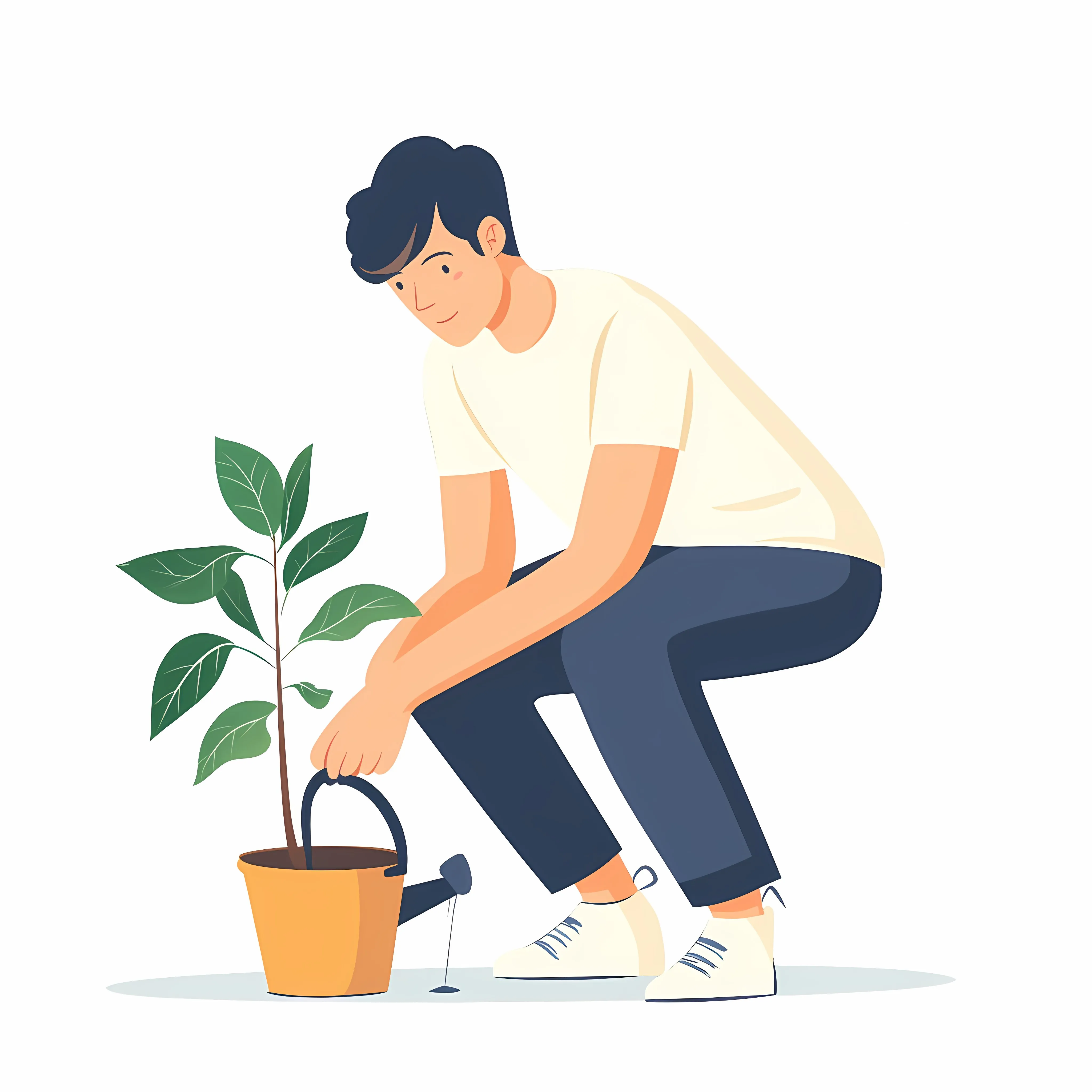 Young Man Watering Ficus Plant Illustration — free download from Dotvec