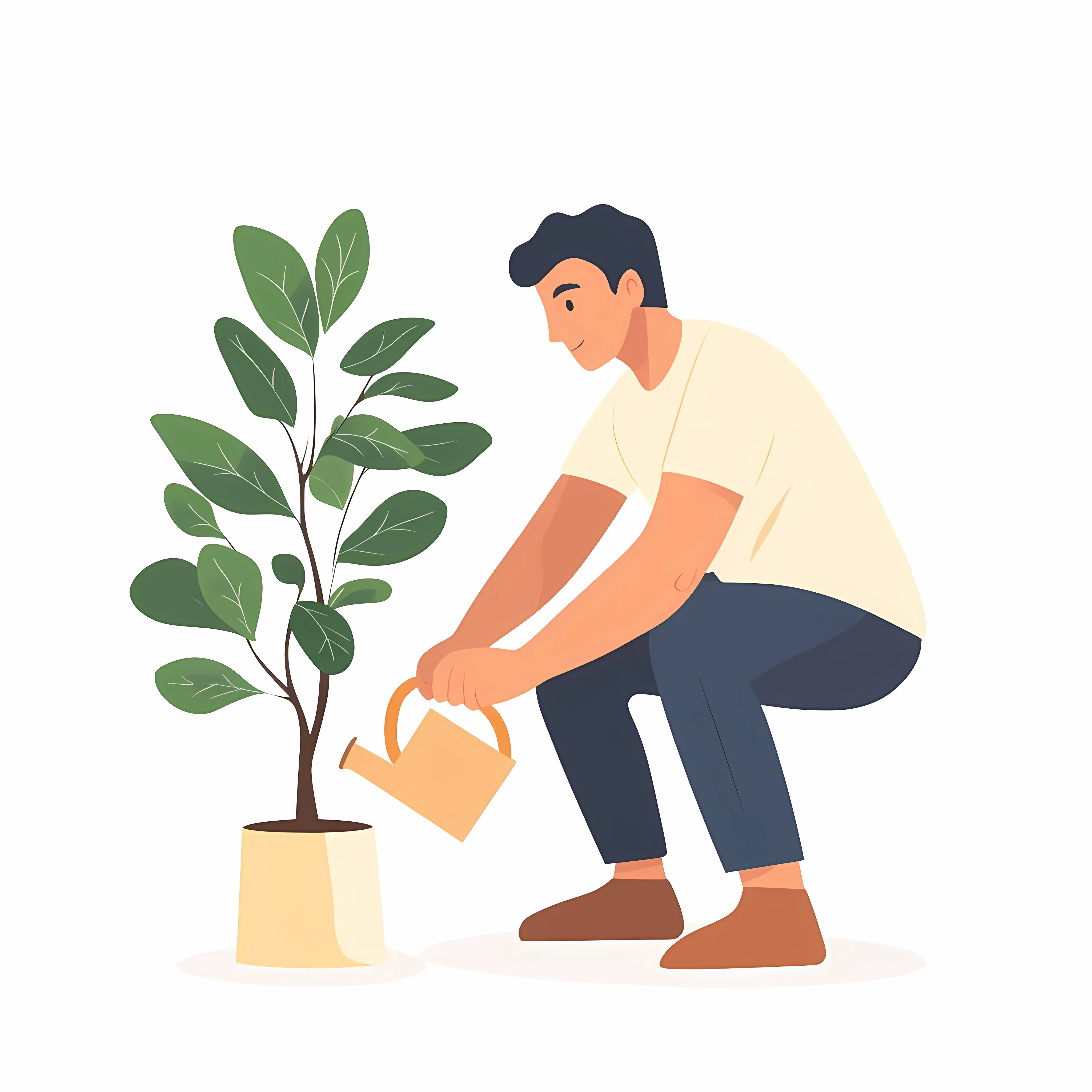 Young Man Kneeling Watering Ficus Plant — free download from Dotvec