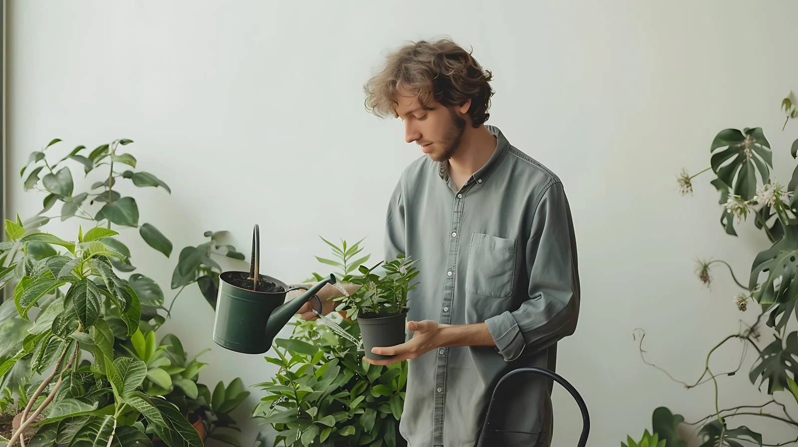Man Watering Plant Near Green Wall — free download from Dotvec