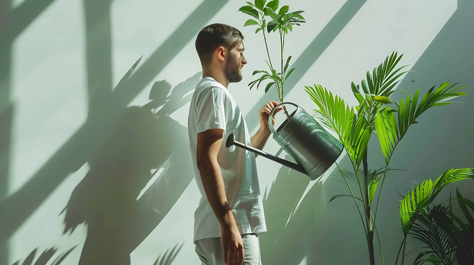 Man Watering Plant Near Green Wall — free download from Dotvec