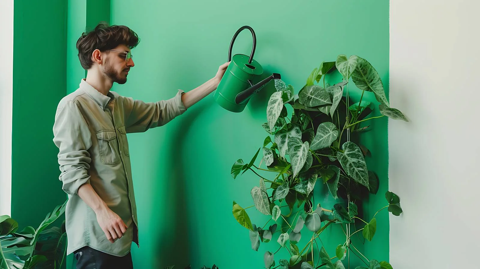 Man Watering Plant near Green Wall — free download from Dotvec