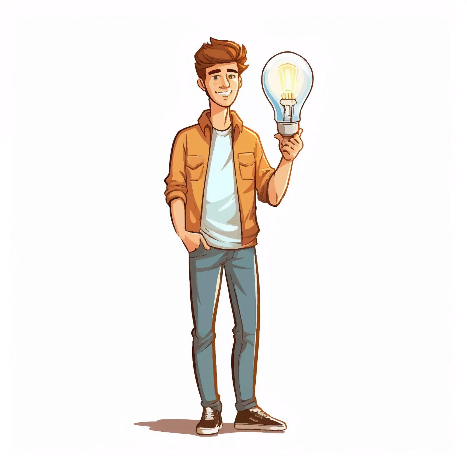 Young Man Cartoon Holding Light Bulb Illustration — free download from Dotvec