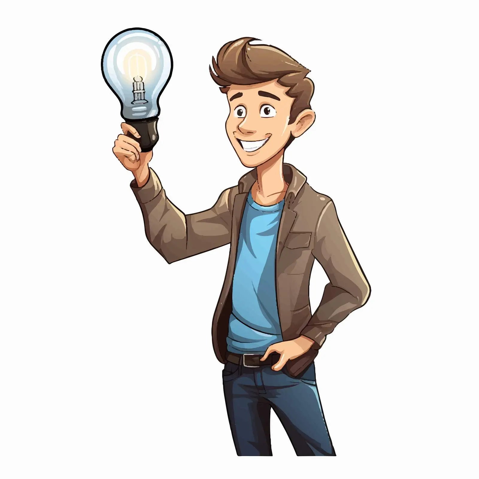 Young Man Holding Light Bulb Cartoon Vector – free knowledge image from Dotvec