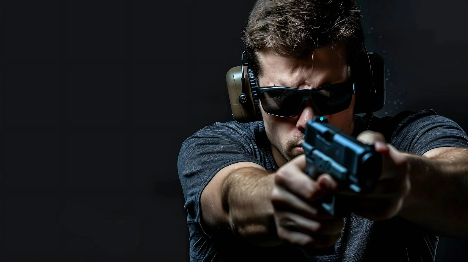 Safety-conscious man shooting pistol outdoors — free download from Dotvec