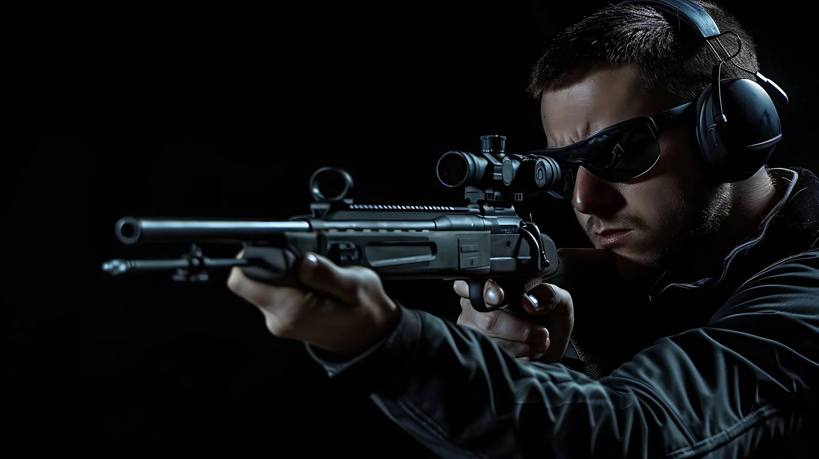 Caucasian Shooter in Protective Gear Firing Rifle — free download from Dotvec