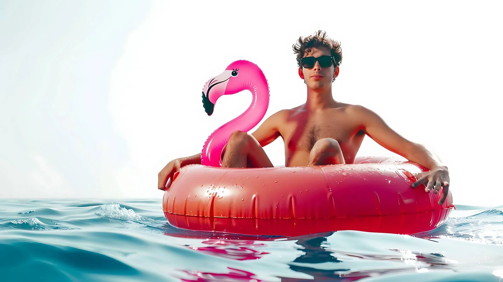 Man with Flamingo Pool Float on Lake — free download from Dotvec