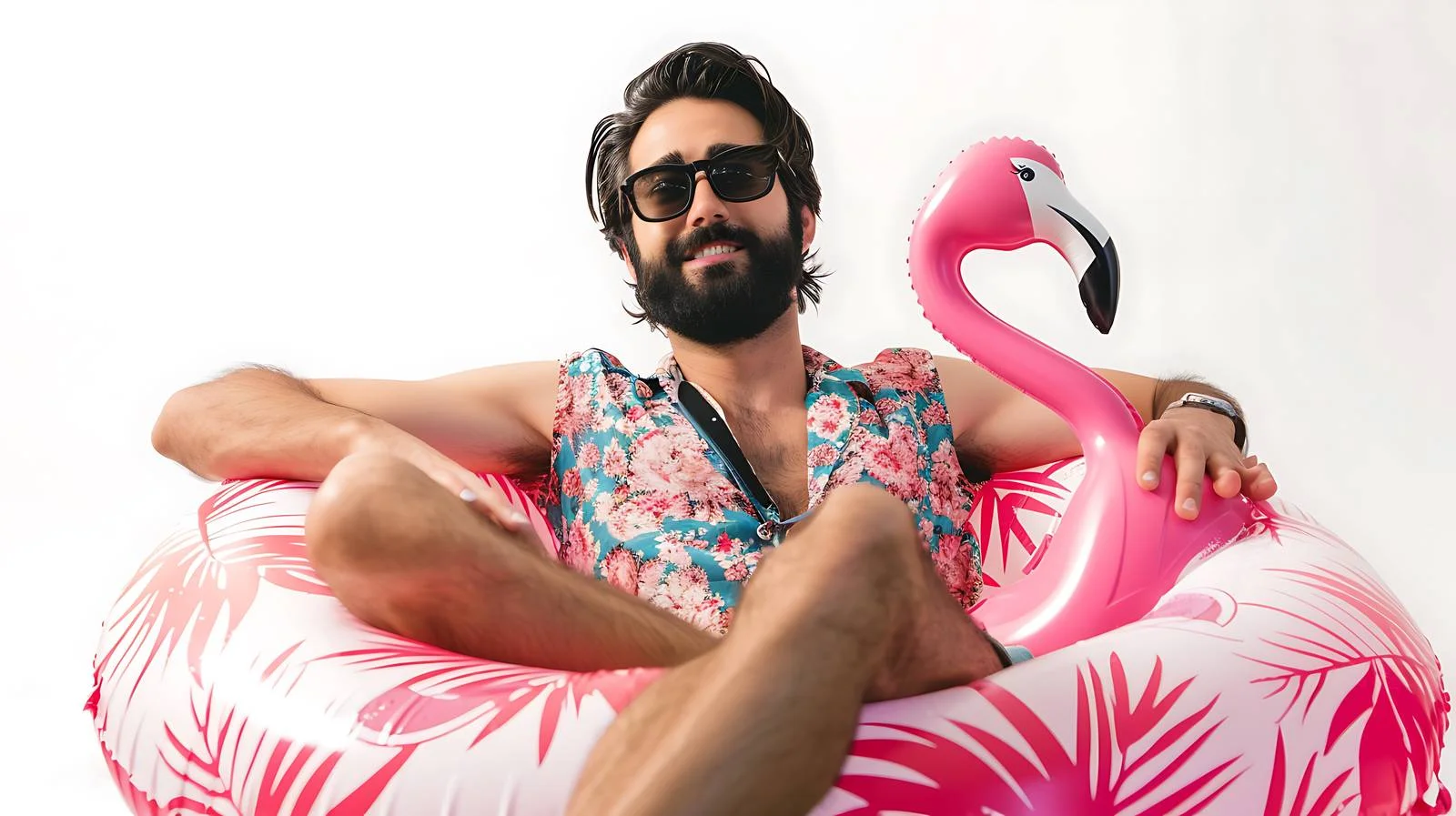 Man Relaxing with Flamingo Pool Float — free download from Dotvec