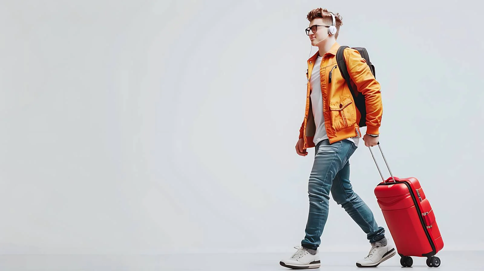 Traveler with Rolling Suitcase and Earphones — free download from Dotvec