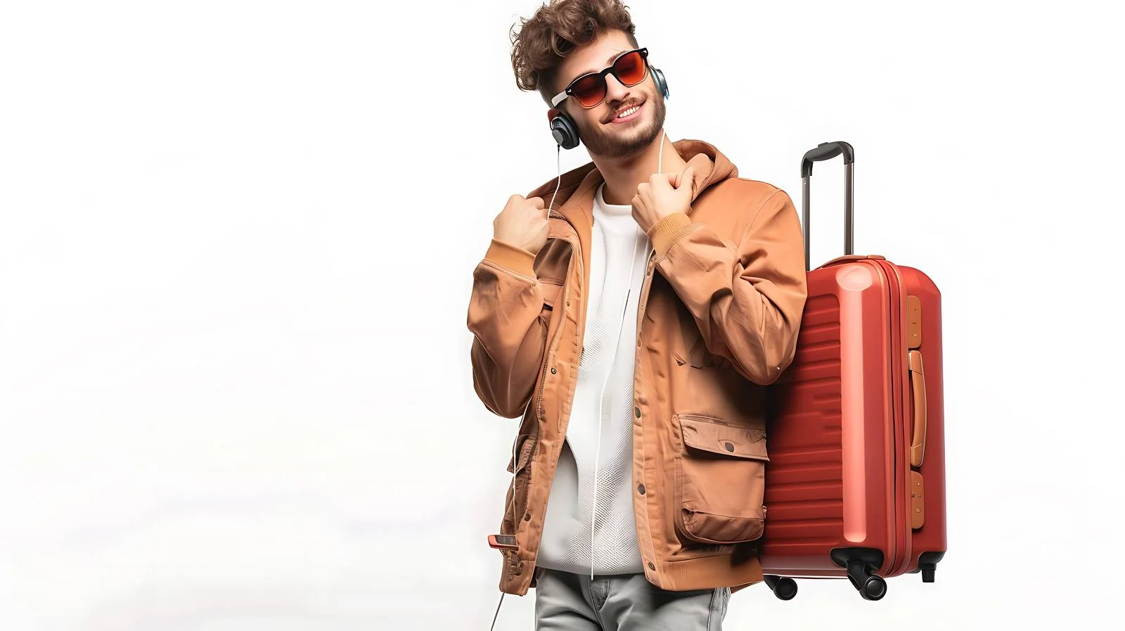 Traveler with Rolling Suitcase and Earphones — free download from Dotvec