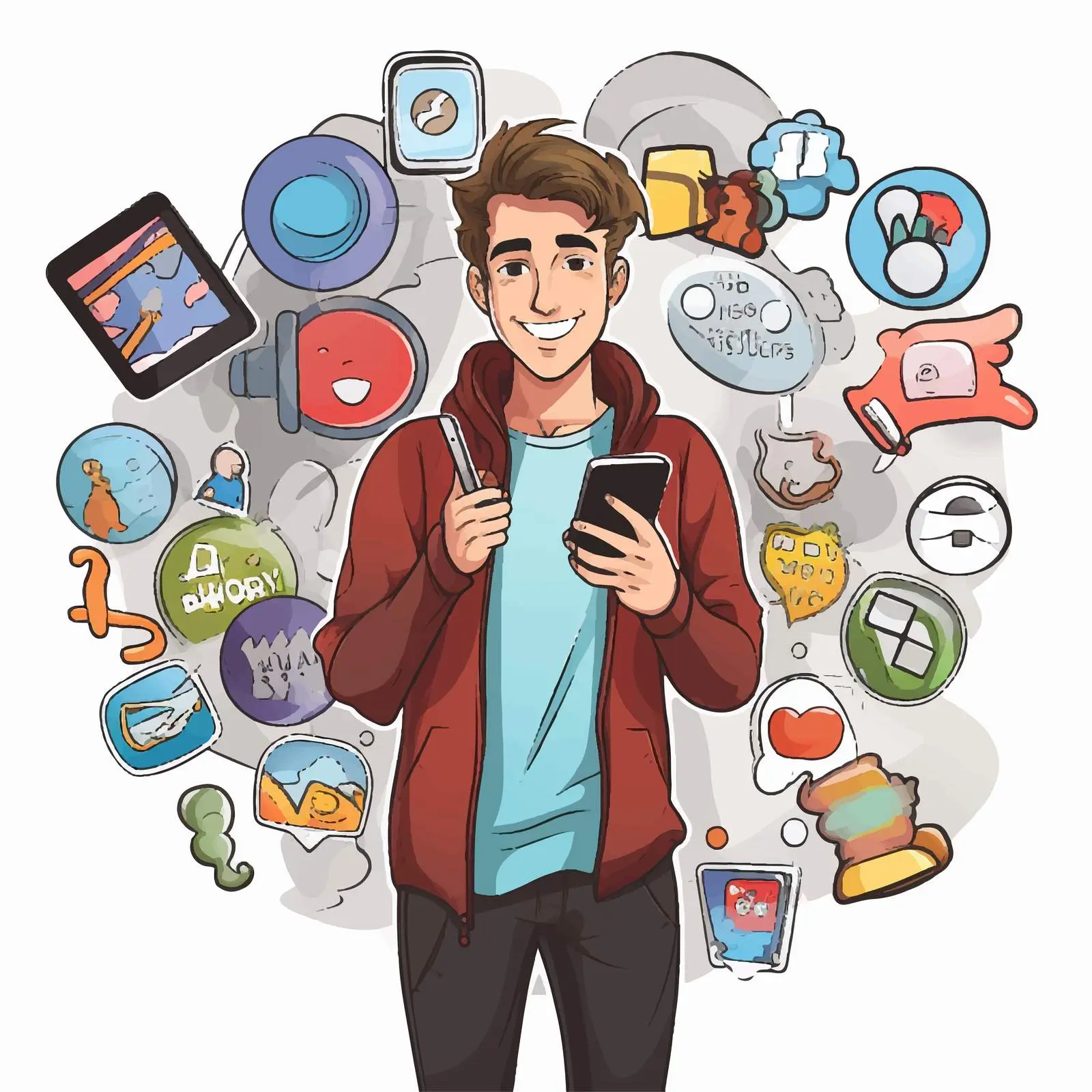 Young Man Cartoon with Social Media Icons — free download from Dotvec