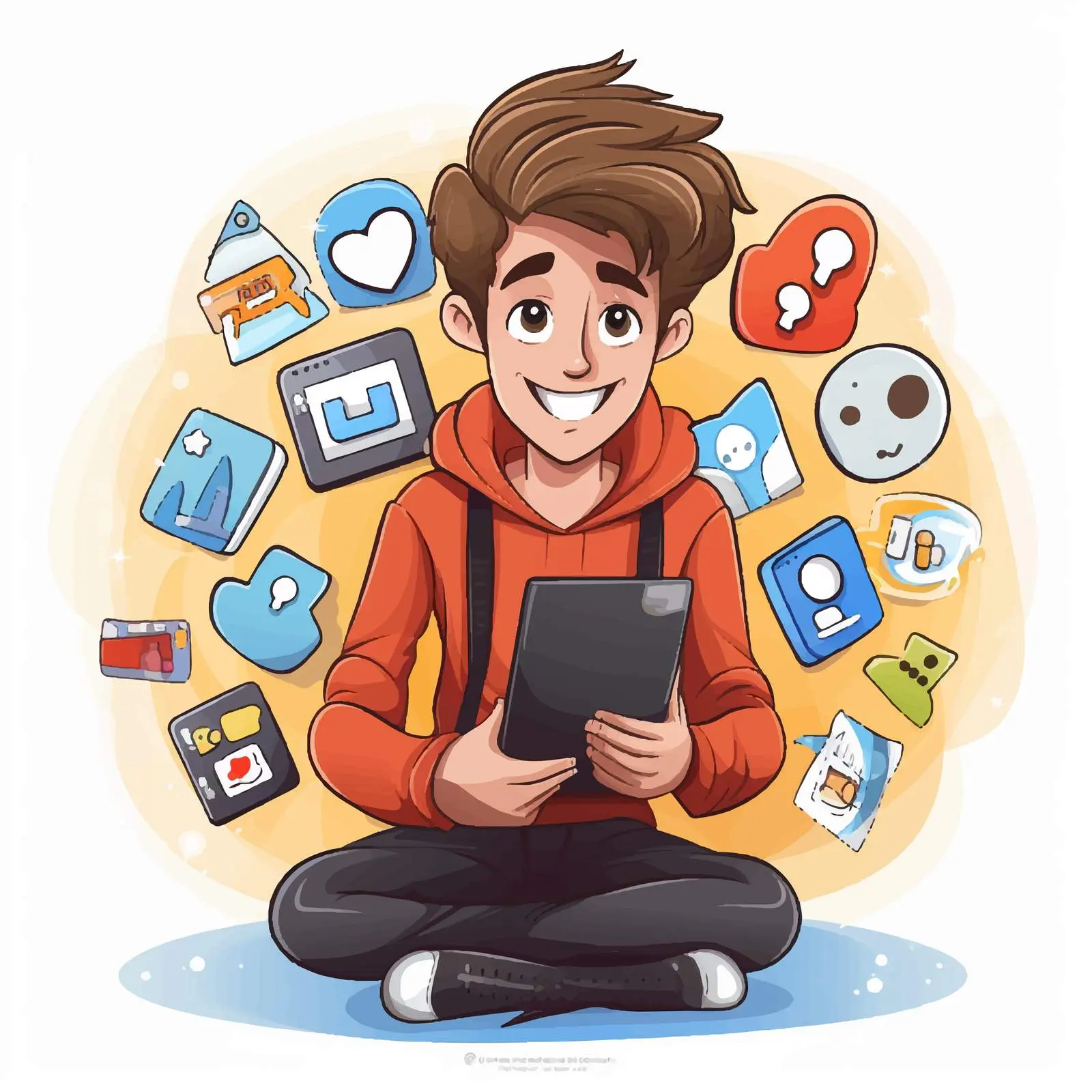 Cartoon Young Man with Social Media Icons – free youthful energy image from Dotvec