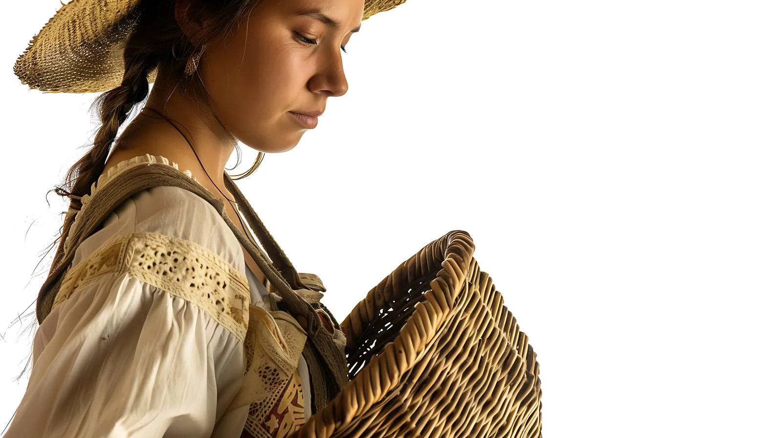 Pensive prairie lady with basket gazing — free download from Dotvec