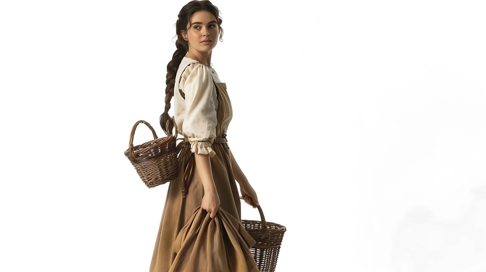 Vintage Prairie Woman in Apron Holding Skirt — free download from Dotvec