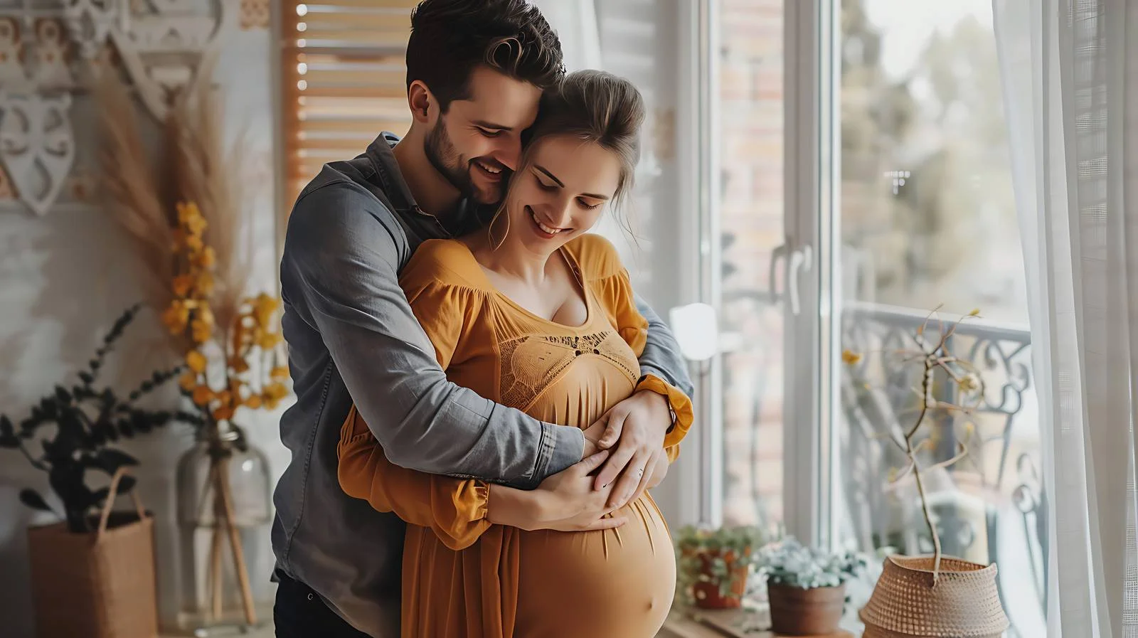 Expecting couple embracing by window at home — free download from Dotvec