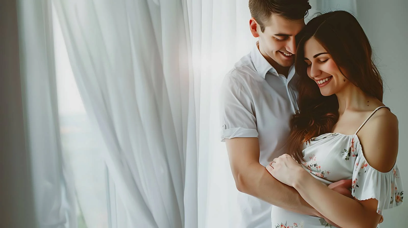Pregnant Couple Embracing Near Home Window — free download from Dotvec