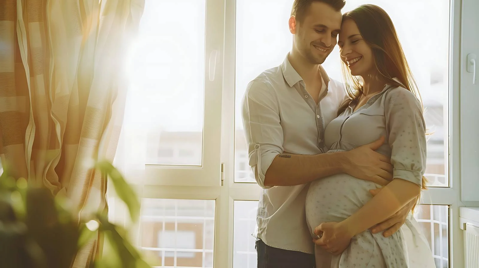 Expectant Couple Embracing Near Home Window — free download from Dotvec