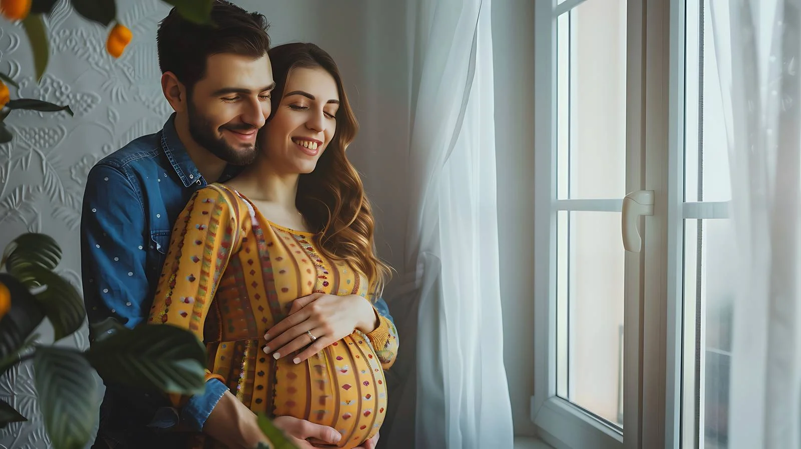 Expectant Couple Embracing by Window — free download from Dotvec