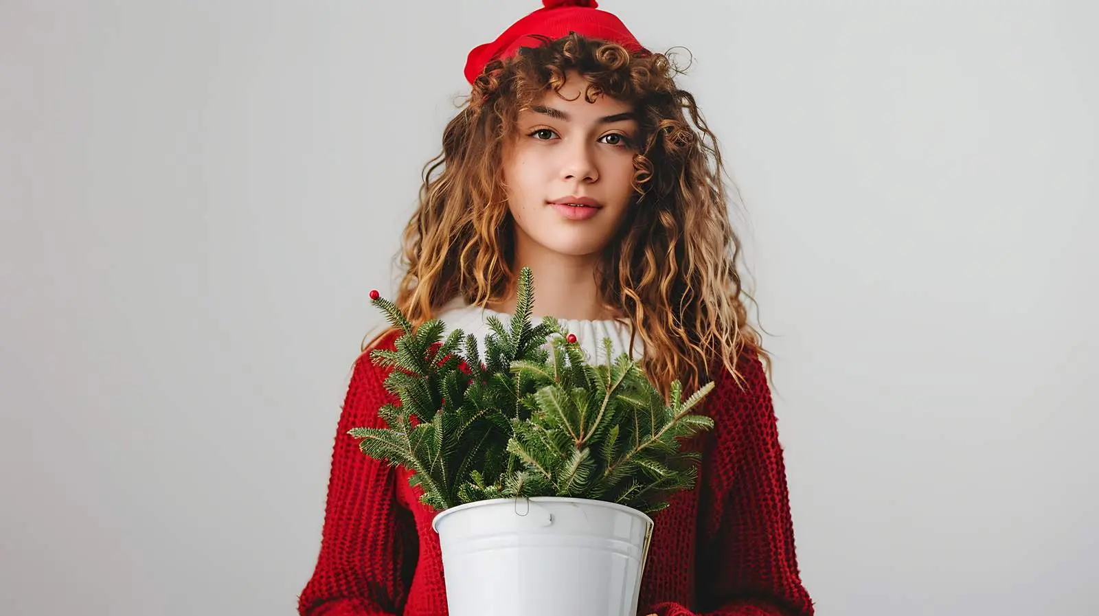 Woman Holding Bucket of Christmas Fir – free smile image from Dotvec