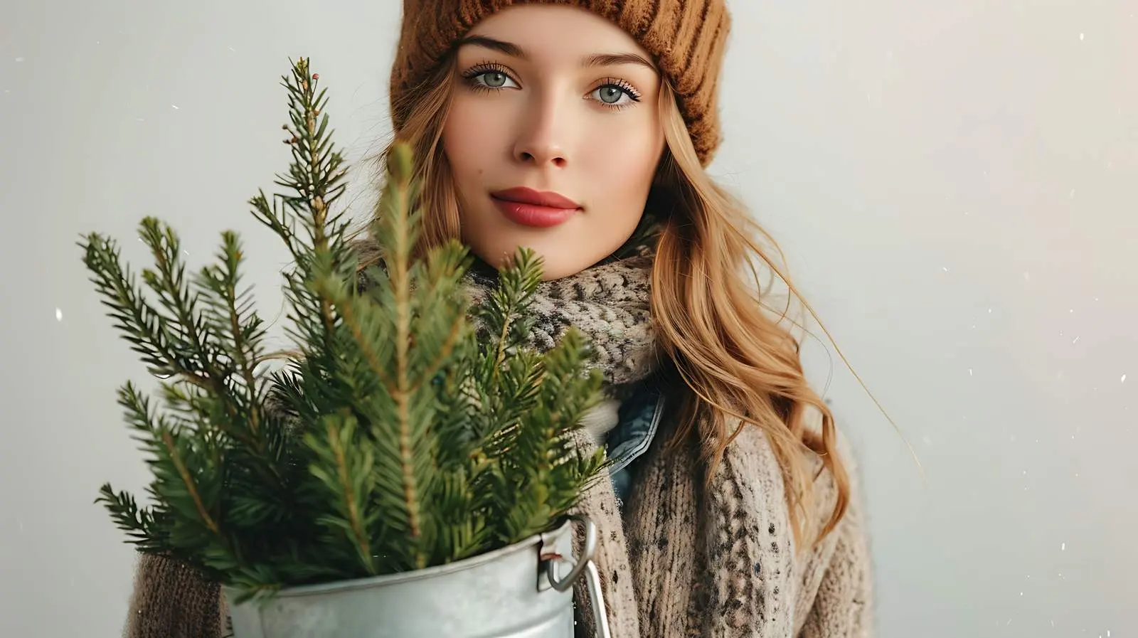 Young Woman Holding Christmas Fir in Bucket — free download from Dotvec