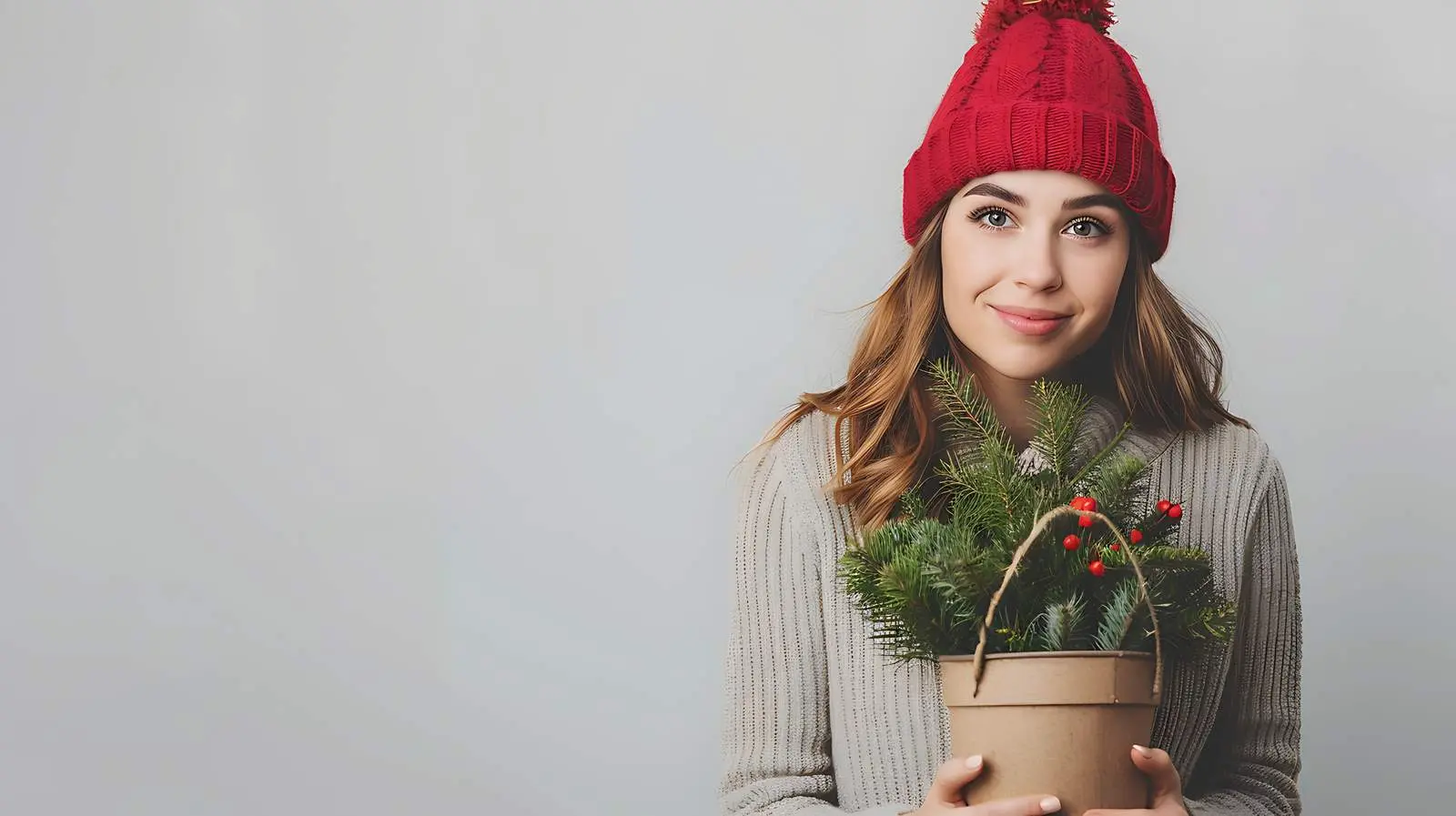 Young Woman Holding Christmas Fir Bucket – free festive decor image from Dotvec