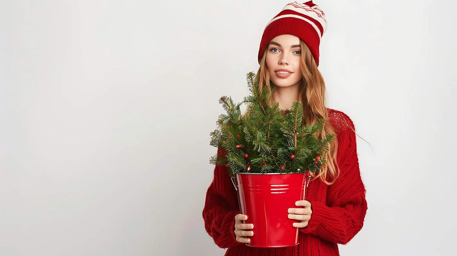 Young Woman Holding Christmas Fir Bucket – free pretty image from Dotvec