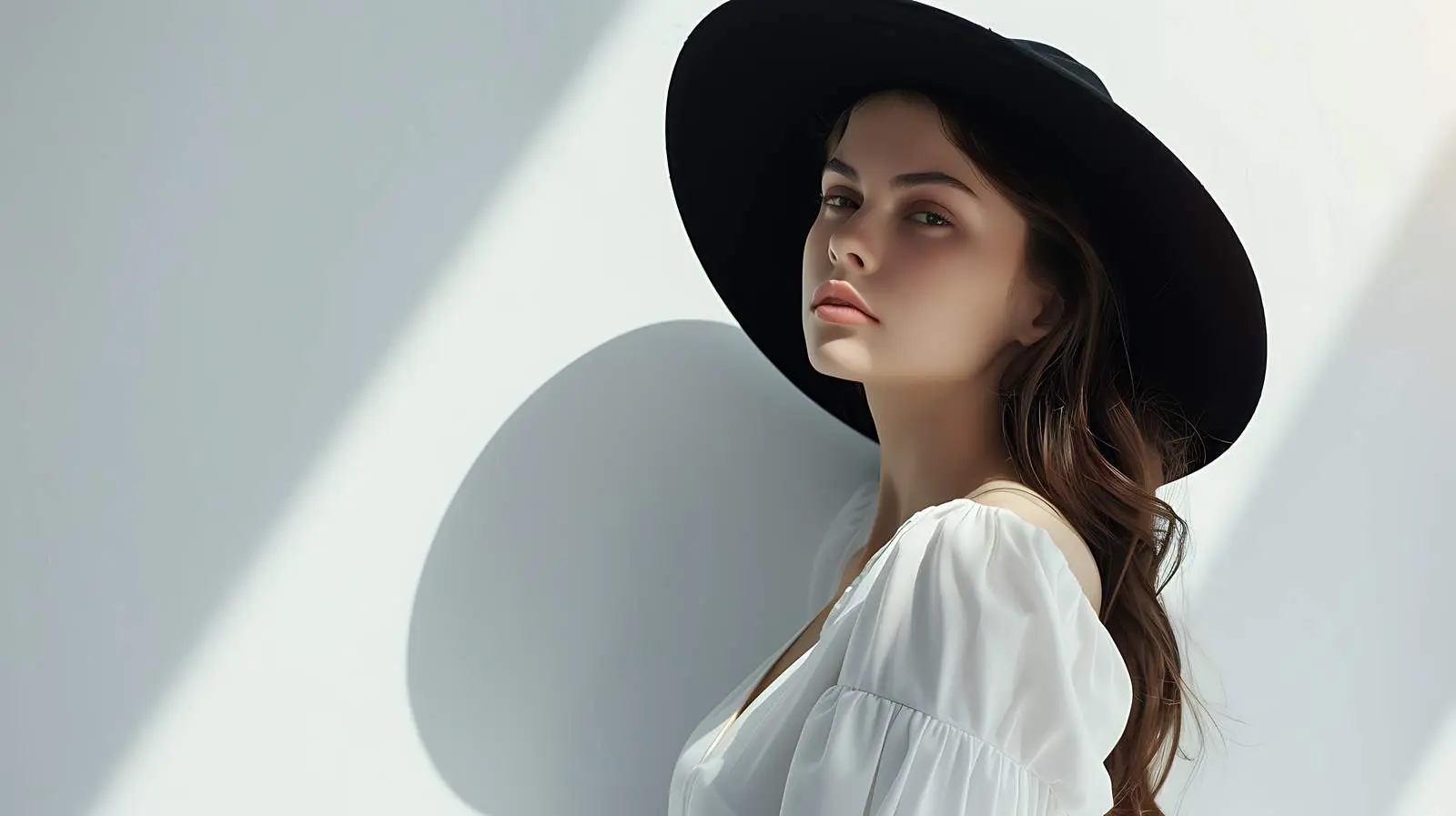 Elegant Woman in White Dress with Black Hat – free smile image from Dotvec