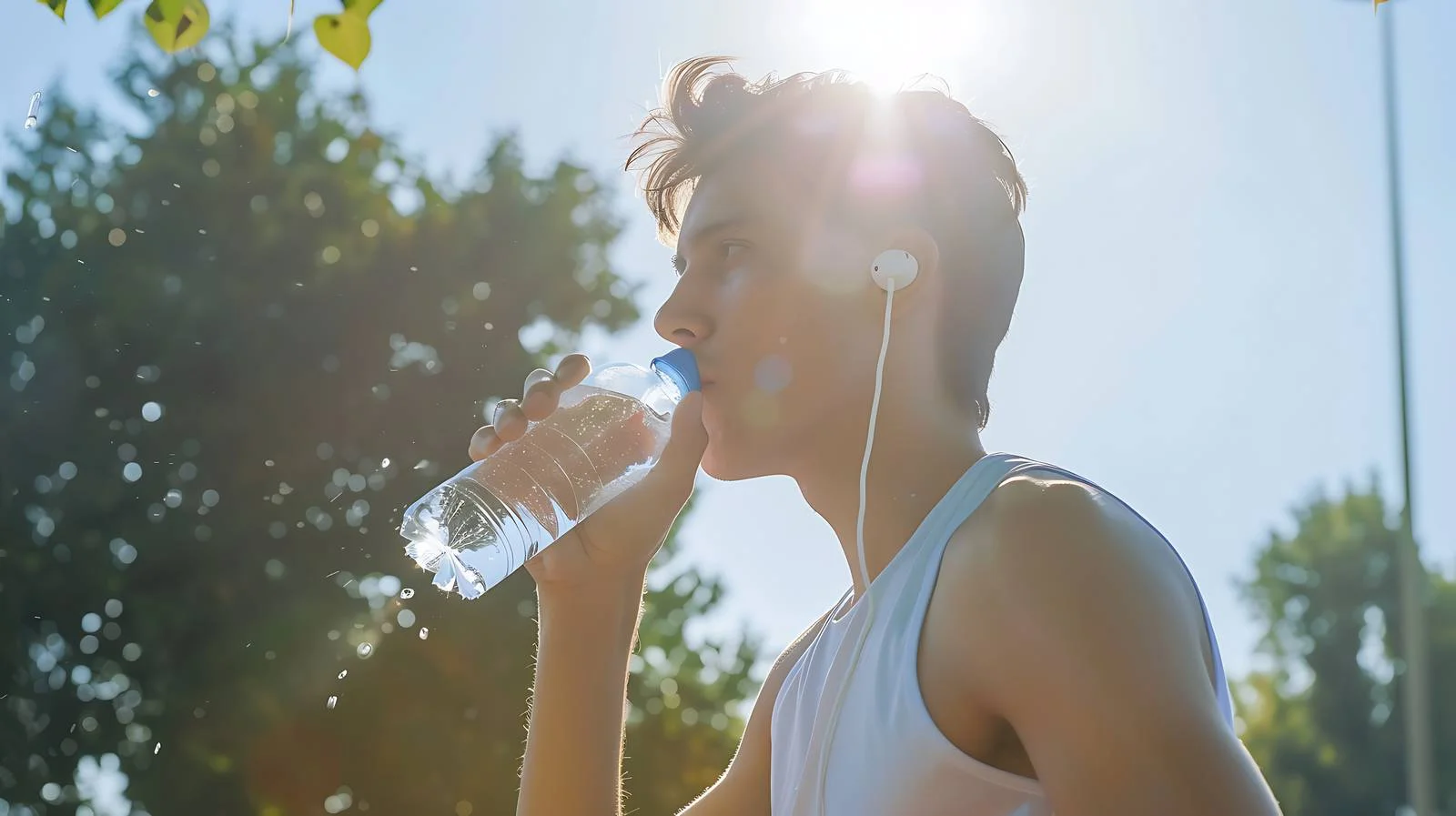Active Young Man Drinking Water and Listening Music — free download from Dotvec