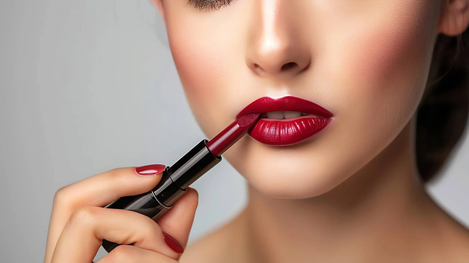 Elegant woman applying lipstick; white background — free download from Dotvec