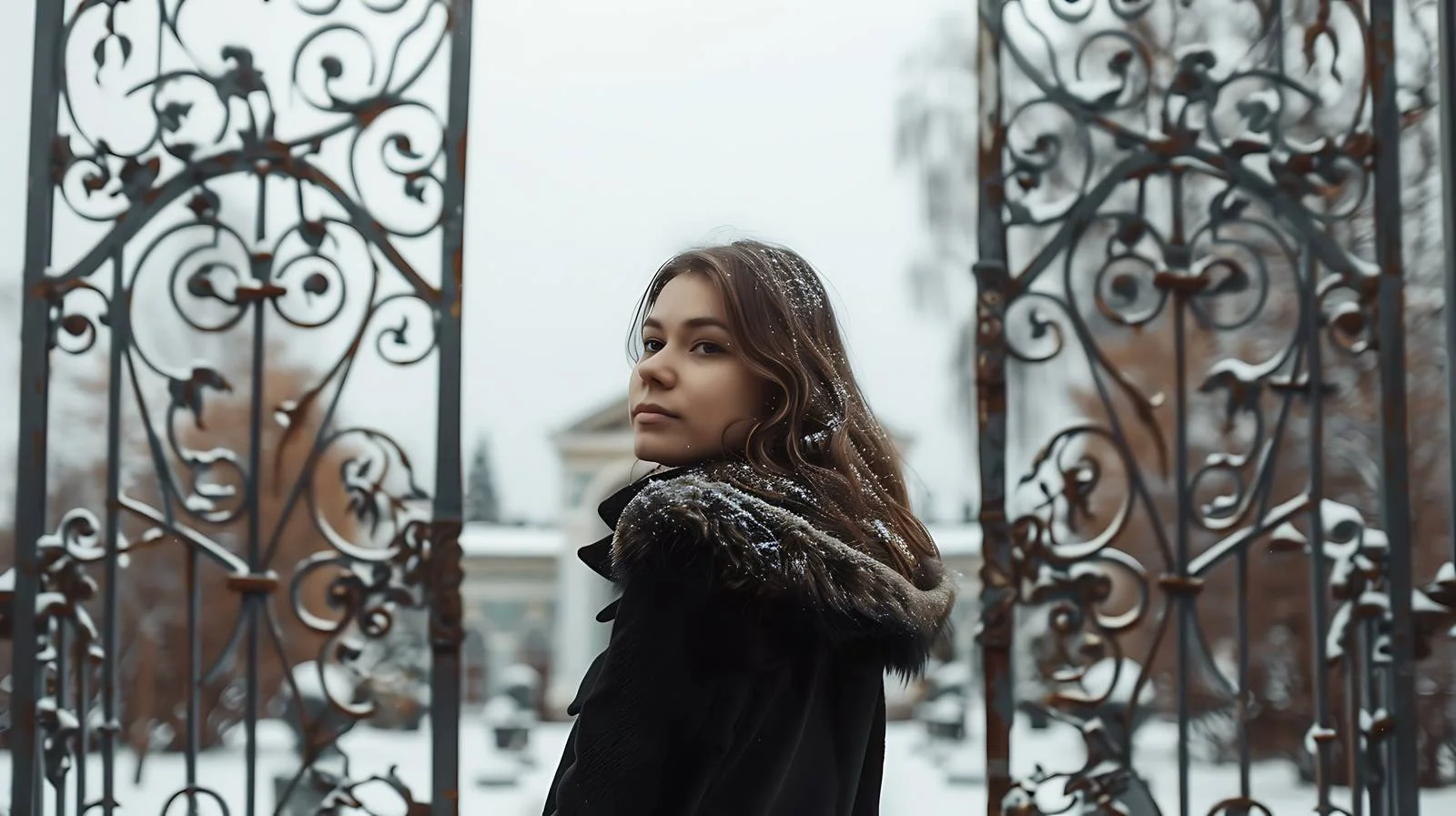 Graceful woman by park entrance pathway — free download from Dotvec