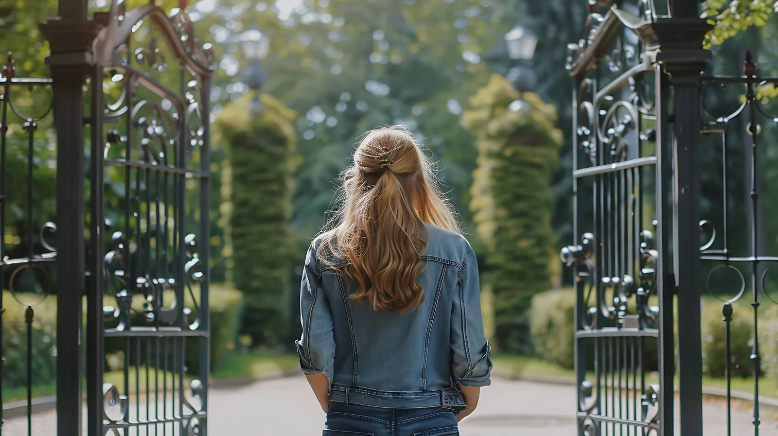 Elegant woman entering park near metal — free download from Dotvec
