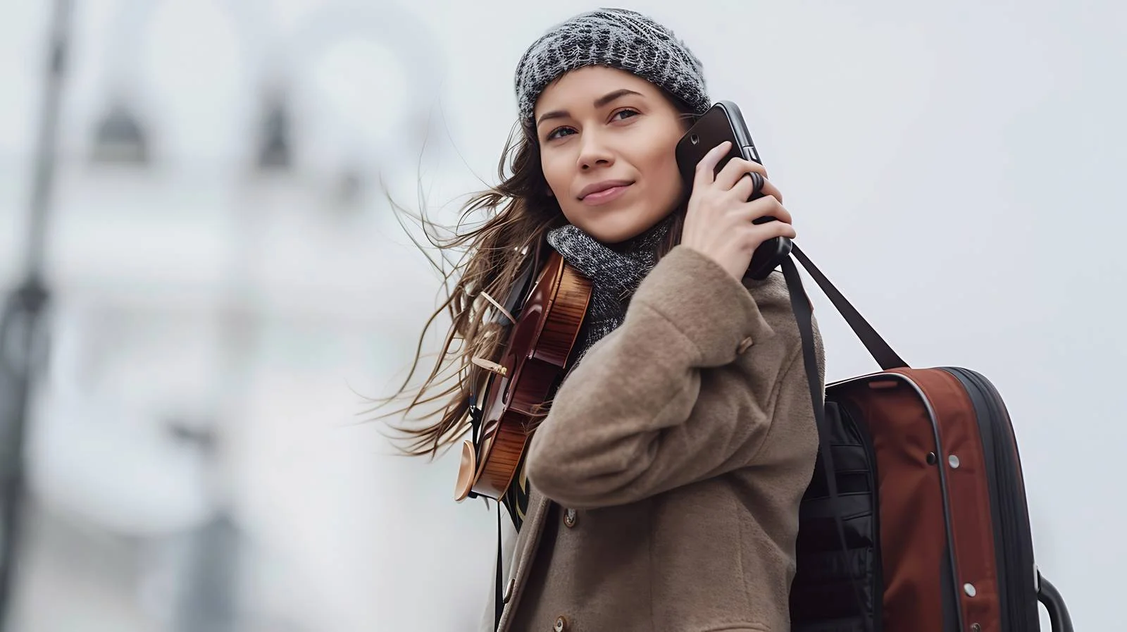 Young Woman with Violin Case and Phone — free download from Dotvec