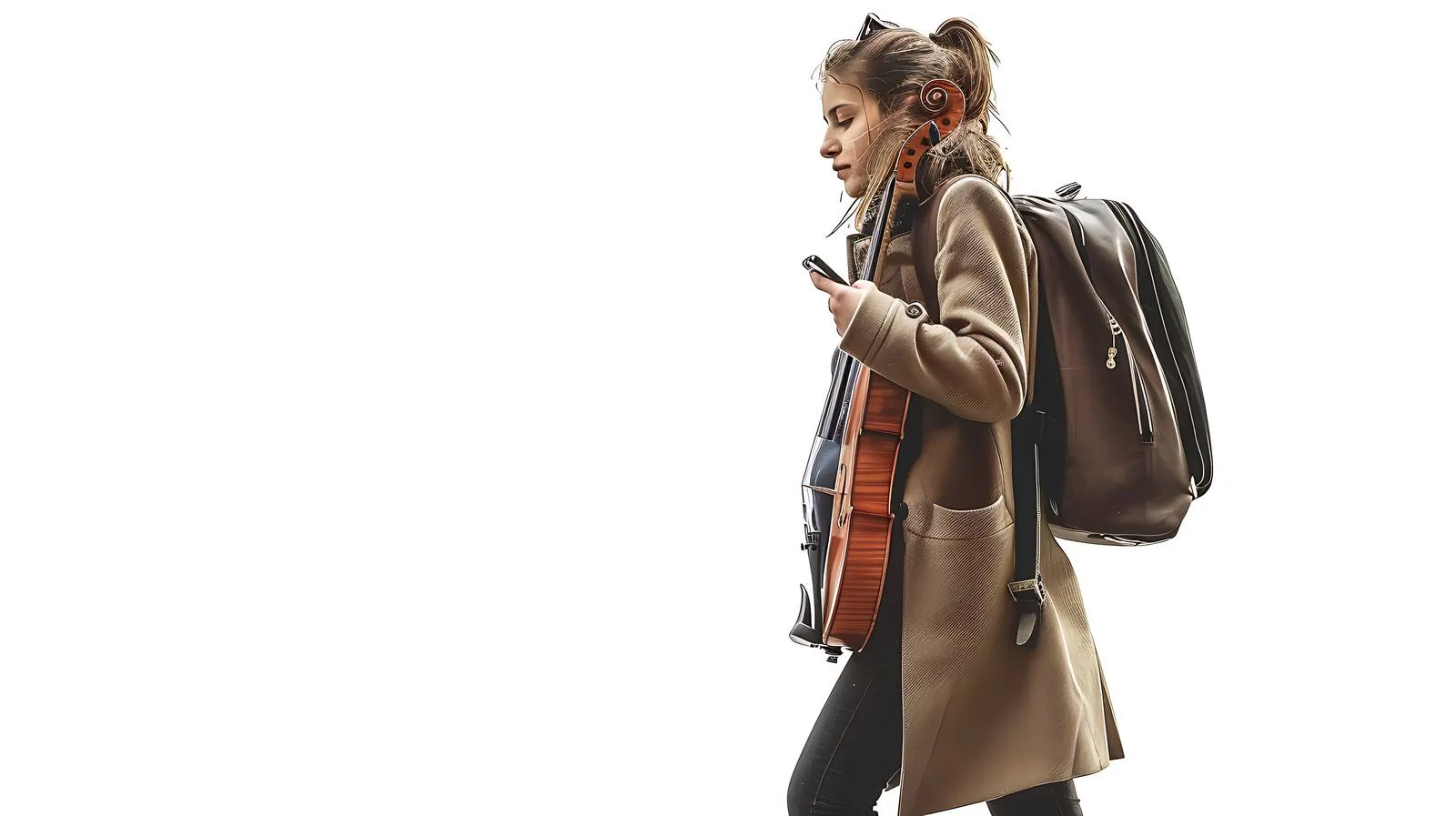 Young Woman with Violin Case on Phone — free download from Dotvec