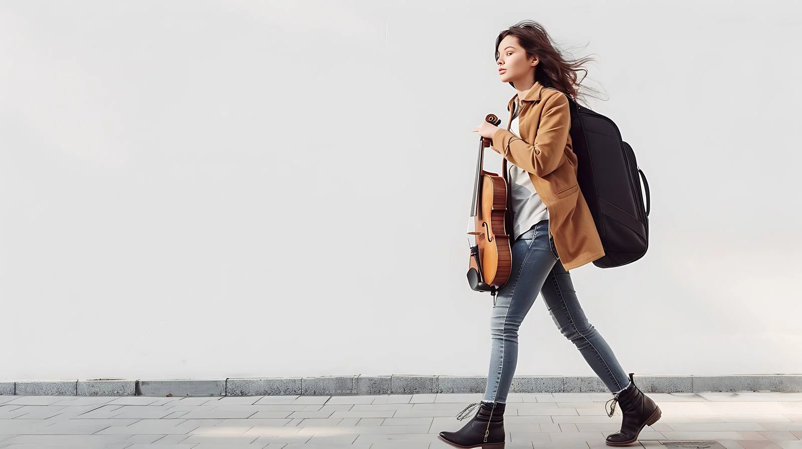 Young Woman with Violin Walking Outdoors — free download from Dotvec