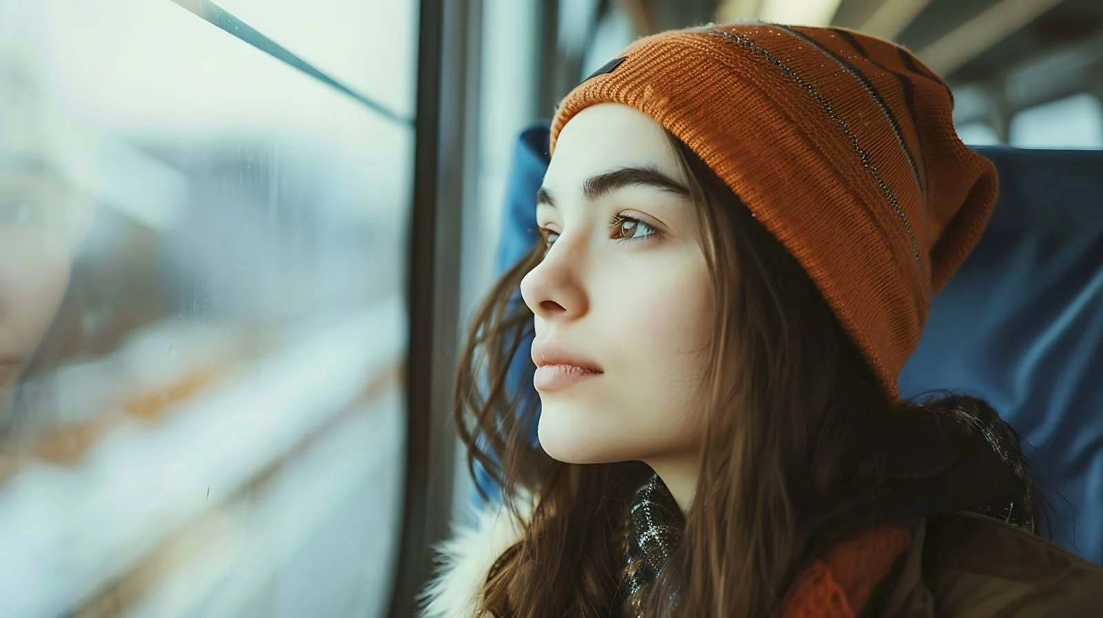 Young Woman Commuting Gazes Out Window — free download from Dotvec