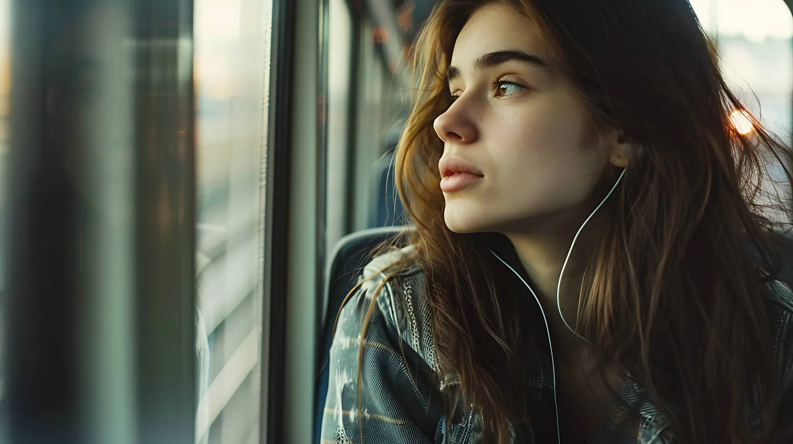 Serene young woman commuting gazes outside — free download from Dotvec