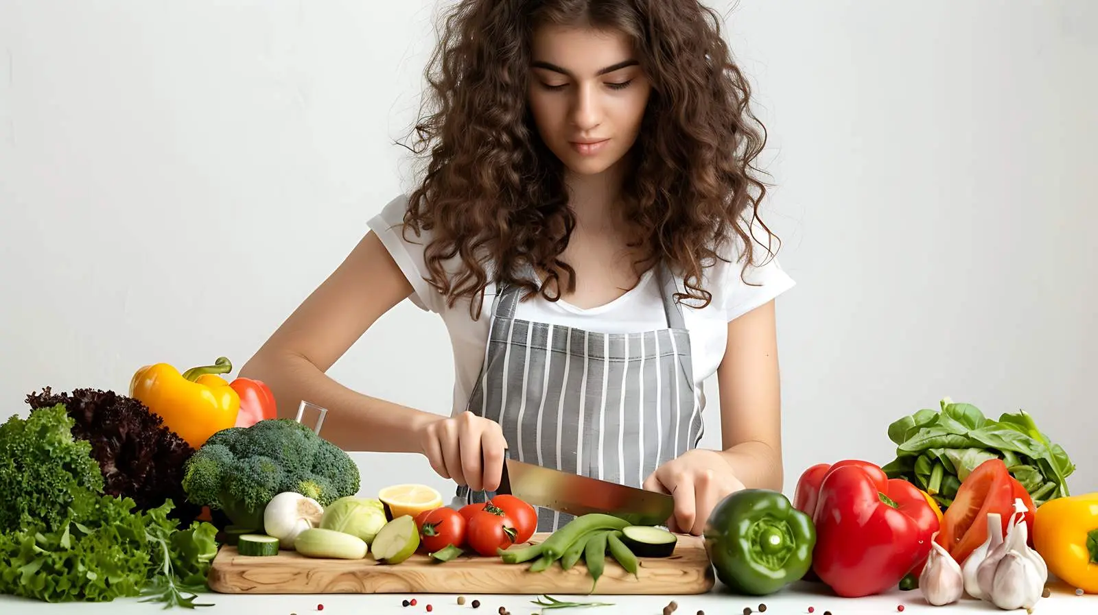 Young Woman Cutting Vegetables in Kitchen — free download from Dotvec