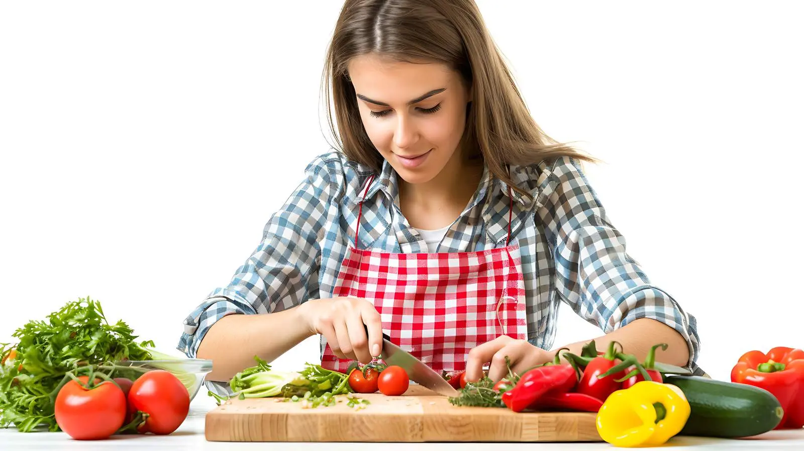 Young Woman Cutting Vegetables in Kitchen — free download from Dotvec