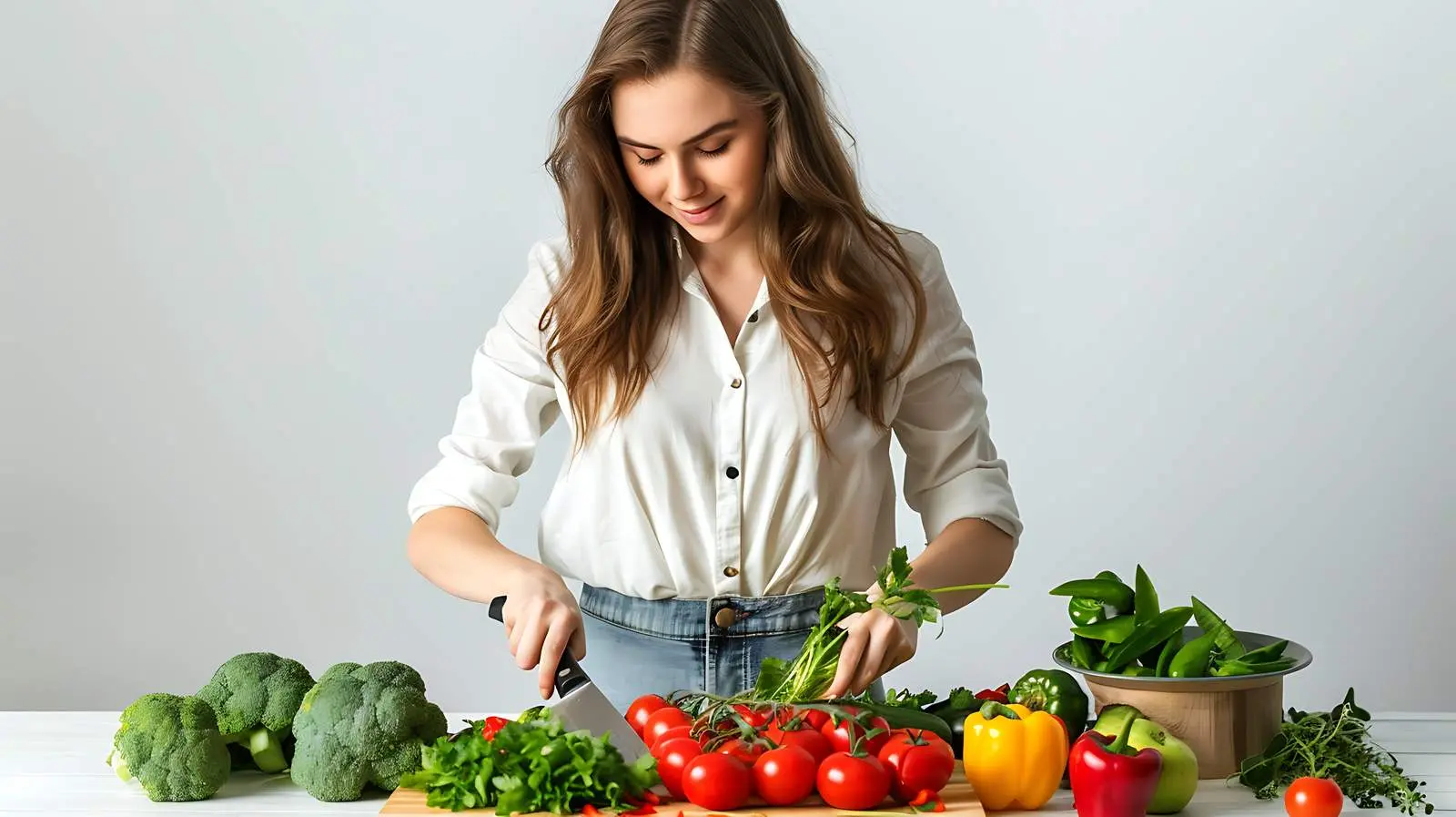 Young Woman Cutting Vegetables in Kitchen — free download from Dotvec