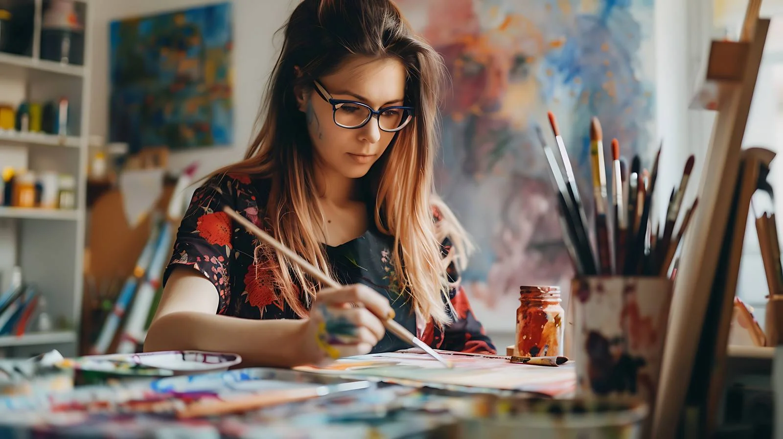 Creative Young Woman Watercolor Painting in Studio — free download from Dotvec
