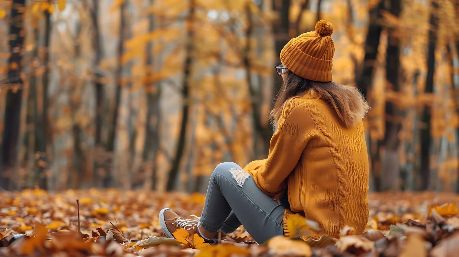 Solo woman taking autumn forest respite — free download from Dotvec