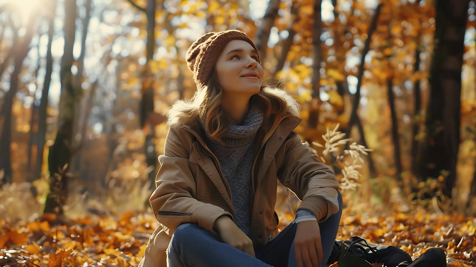 Serene young woman finds solitude in autumnal woods — free download from Dotvec