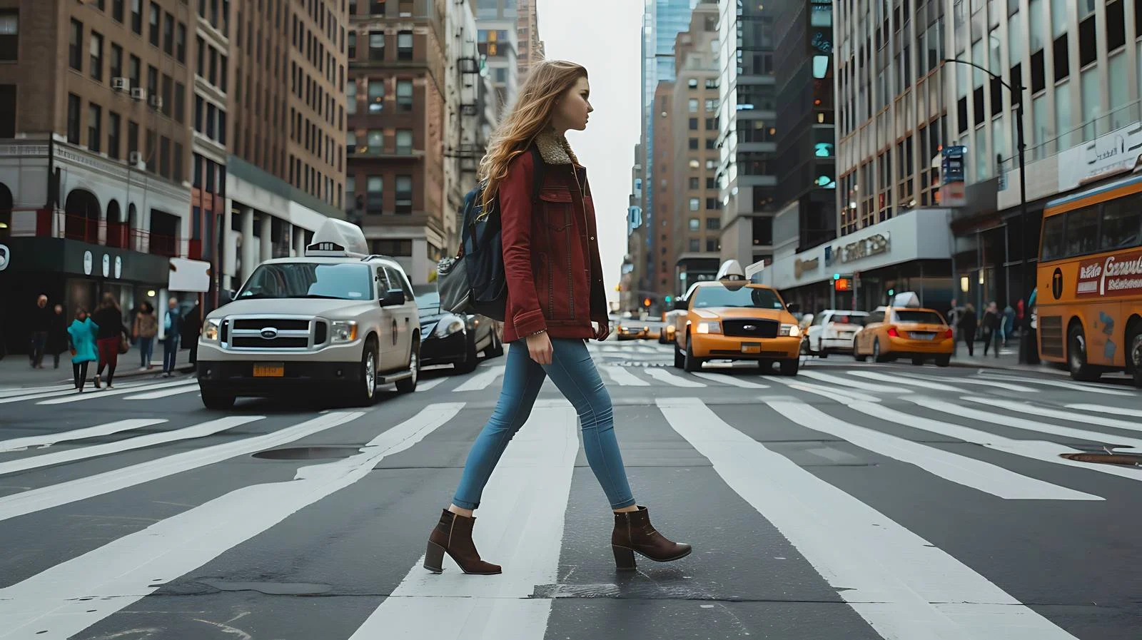 Adventurous Woman in NYC Crosses Busy Street — free download from Dotvec
