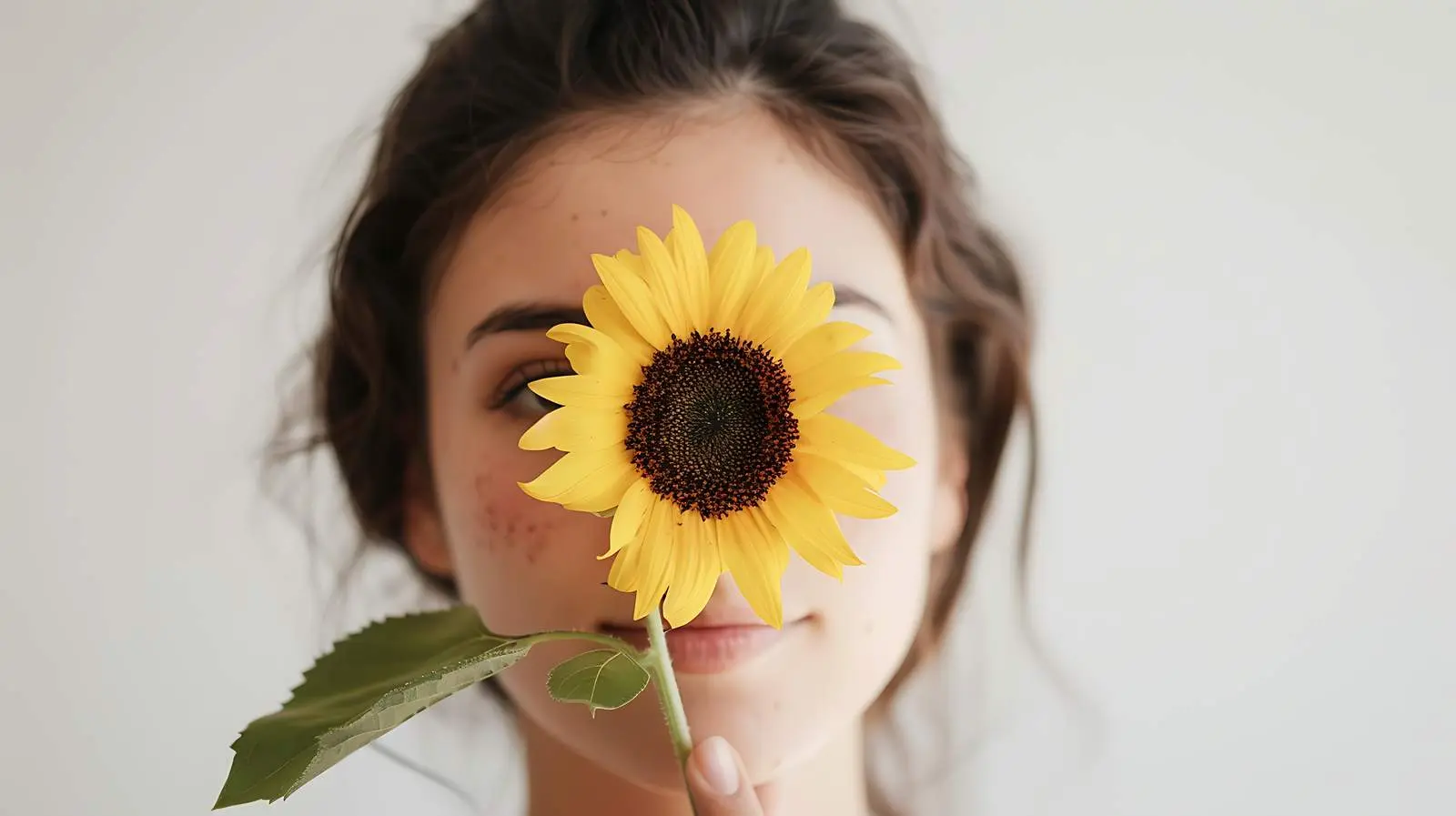 Young Woman Holding Yellow Sunflower on White Background – free smile image from Dotvec