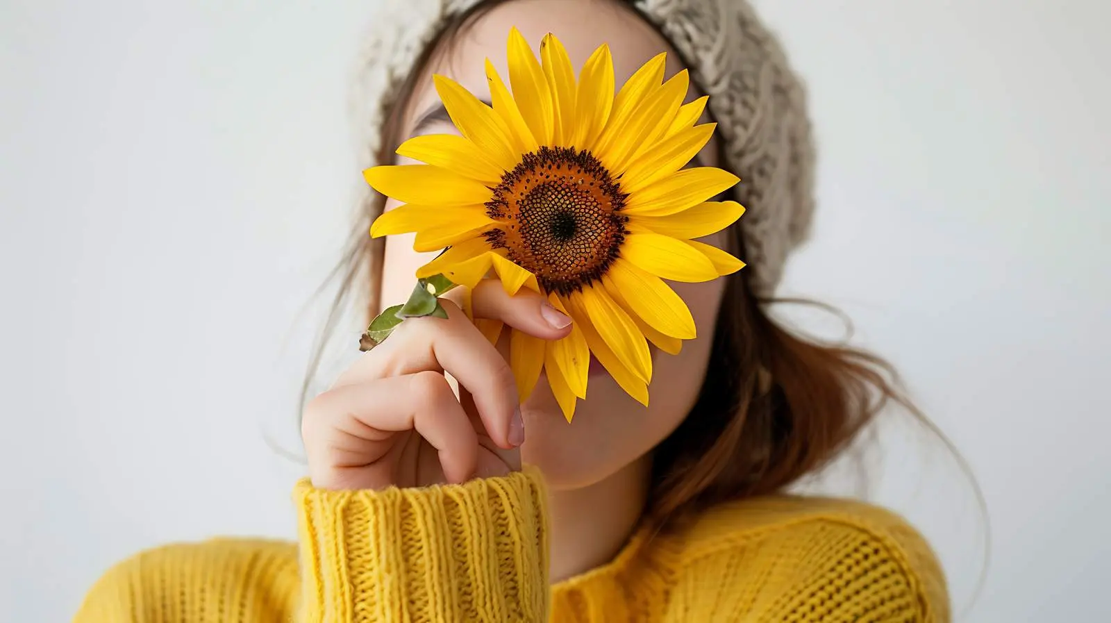 Young Woman Holding Yellow Sunflower on White Background – free carefree image from Dotvec