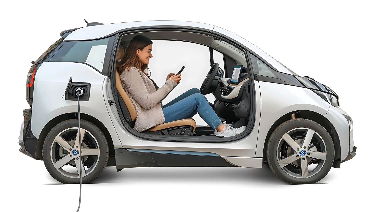 Young Woman Texting in Electric Car — free download from Dotvec