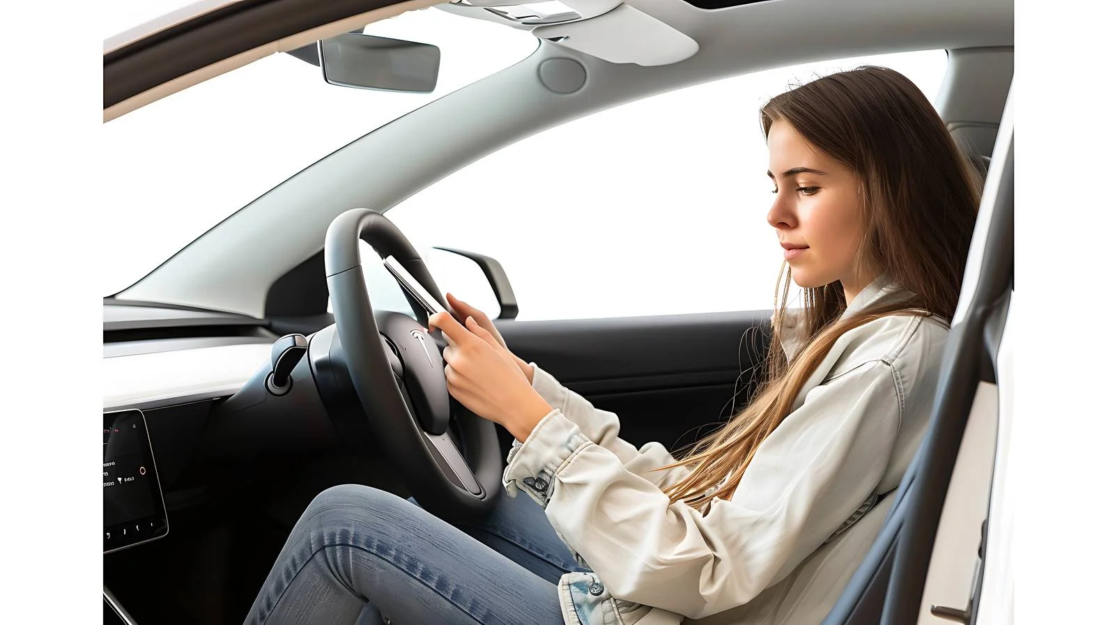 Young Woman in Electric Car Texting — free download from Dotvec