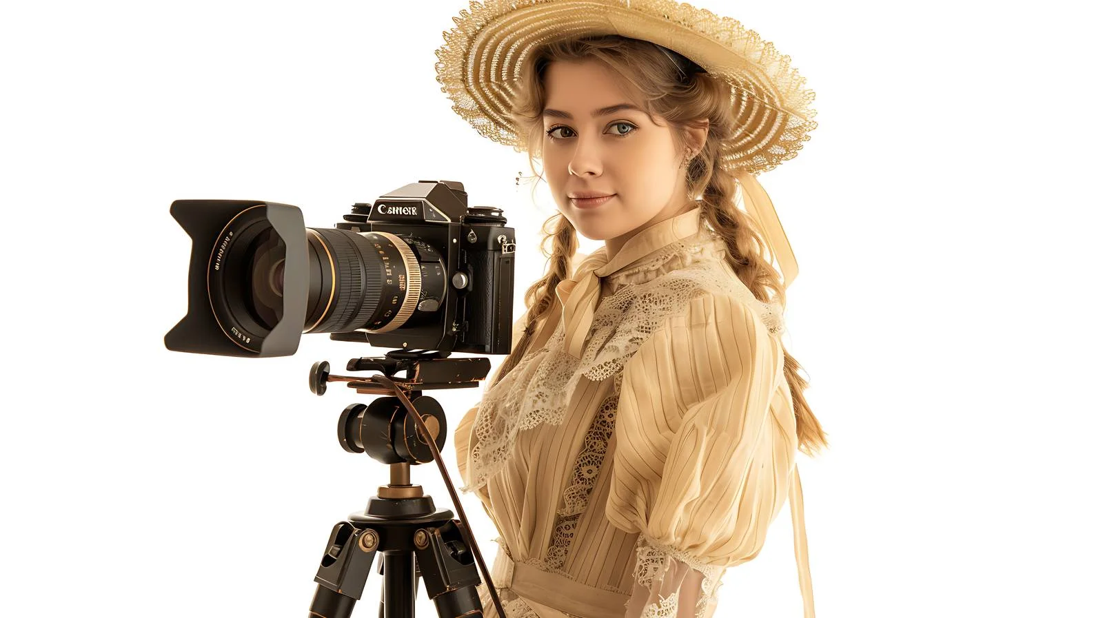 Elegant Victorian Woman with Straw Hat Stand – free historical costume image from Dotvec