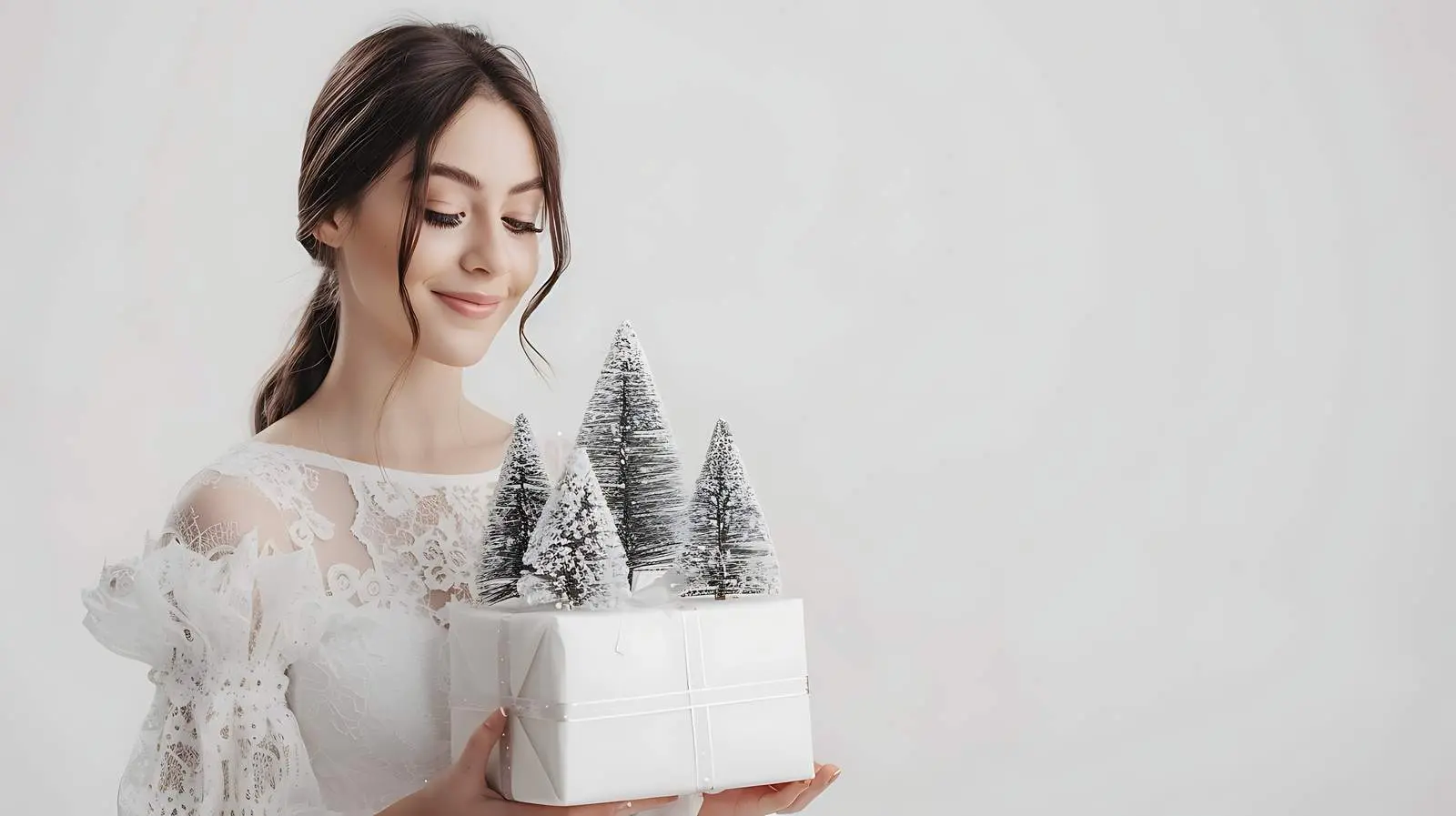 Young Woman in White Dress with Gift Box — free download from Dotvec