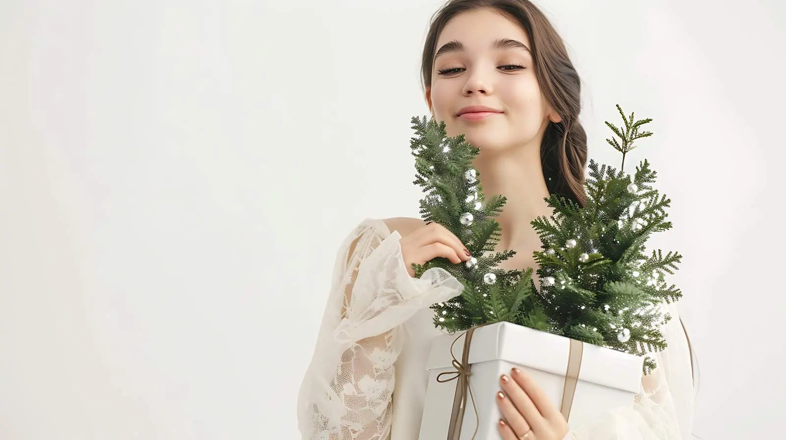 Young Woman in White Dress with Gift Box — free download from Dotvec