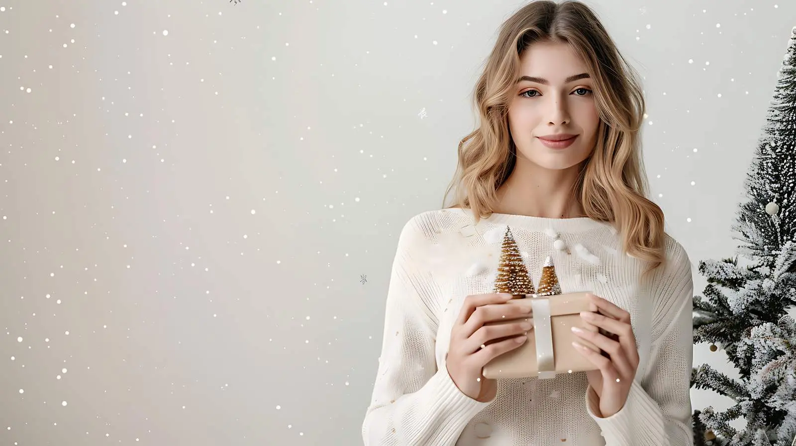 Young Woman in White Dress with Gift Box — free download from Dotvec